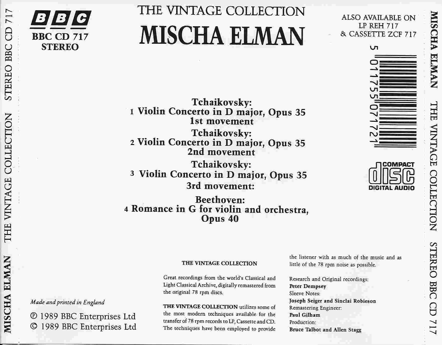 Picture of BBCCD717 The vintage collection - Mischa Elman by artist Tchaikovsky / Beethoven / Mischa Elman with orchestra from the BBC records and Tapes library